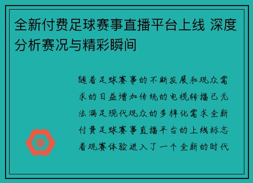全新付费足球赛事直播平台上线 深度分析赛况与精彩瞬间